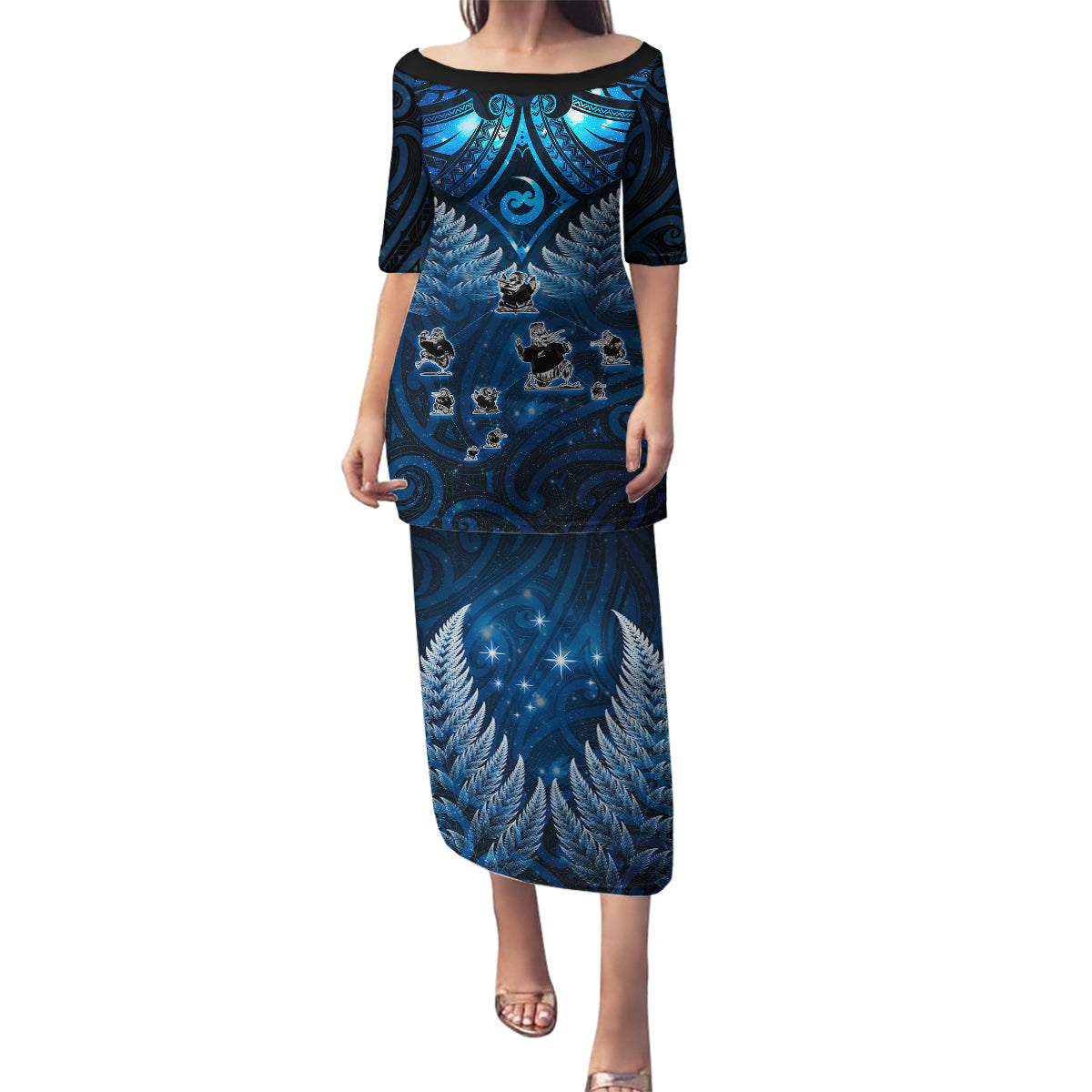 New Zealand Matariki Family Matching Puletasi and Hawaiian Shirt Maori Pattern and Kiwi Bird Haka Dance Sky Night LT03 Mom's Dress Blue - Polynesian Pride