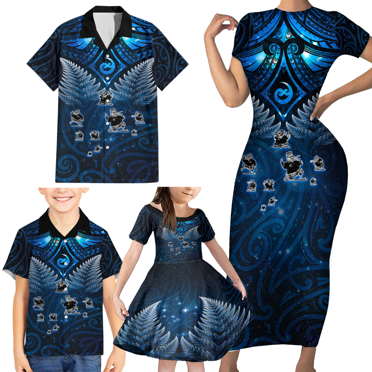 New Zealand Matariki Family Matching Short Sleeve Bodycon Dress and Hawaiian Shirt Maori Pattern and Kiwi Bird Haka Dance Sky Night LT03 - Polynesian Pride