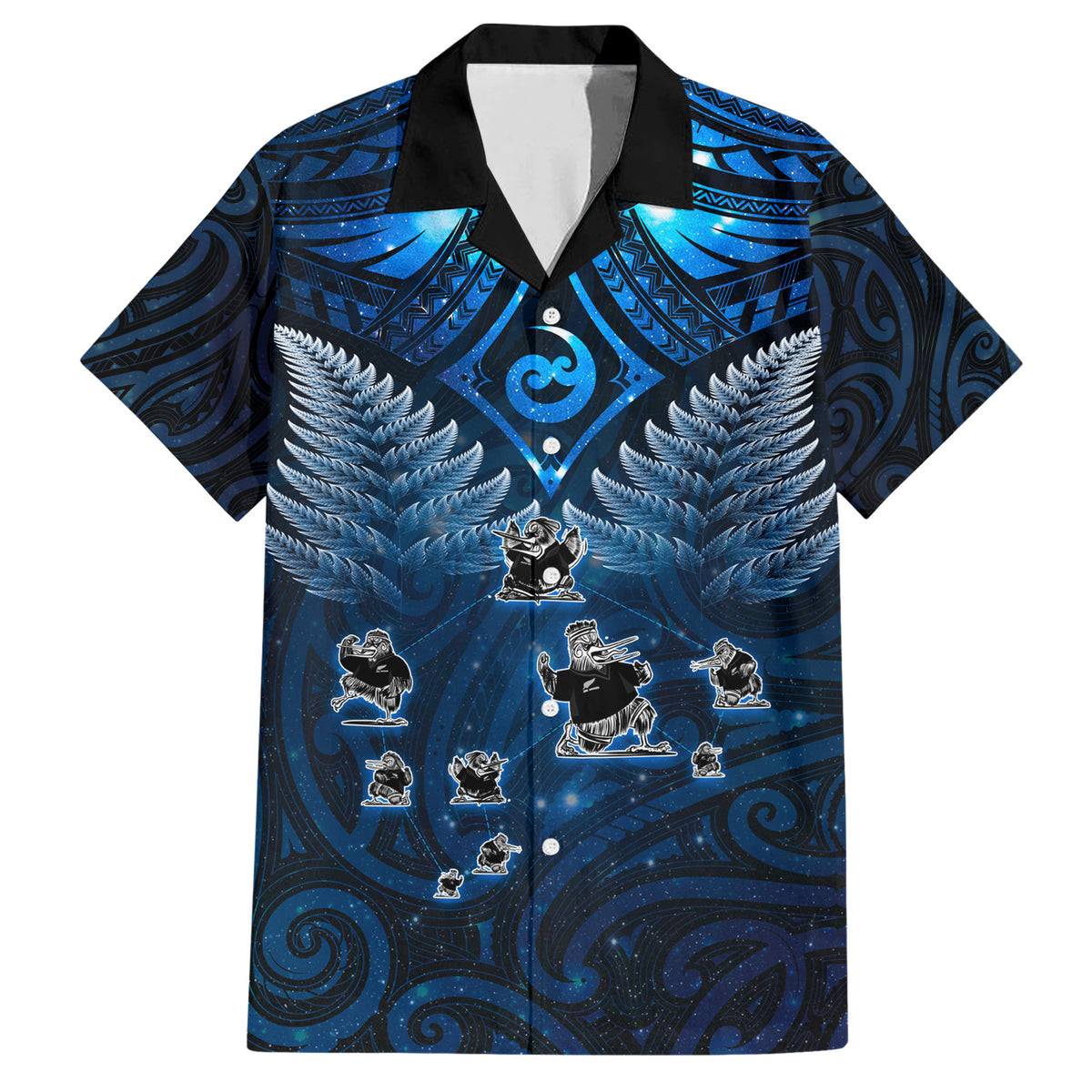 New Zealand Matariki Family Matching Short Sleeve Bodycon Dress and Hawaiian Shirt Maori Pattern and Kiwi Bird Haka Dance Sky Night LT03 Dad's Shirt - Short Sleeve Blue - Polynesian Pride