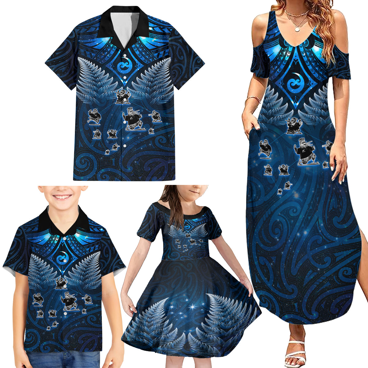 New Zealand Matariki Family Matching Summer Maxi Dress and Hawaiian Shirt Maori Pattern and Kiwi Bird Haka Dance Sky Night LT03 - Polynesian Pride
