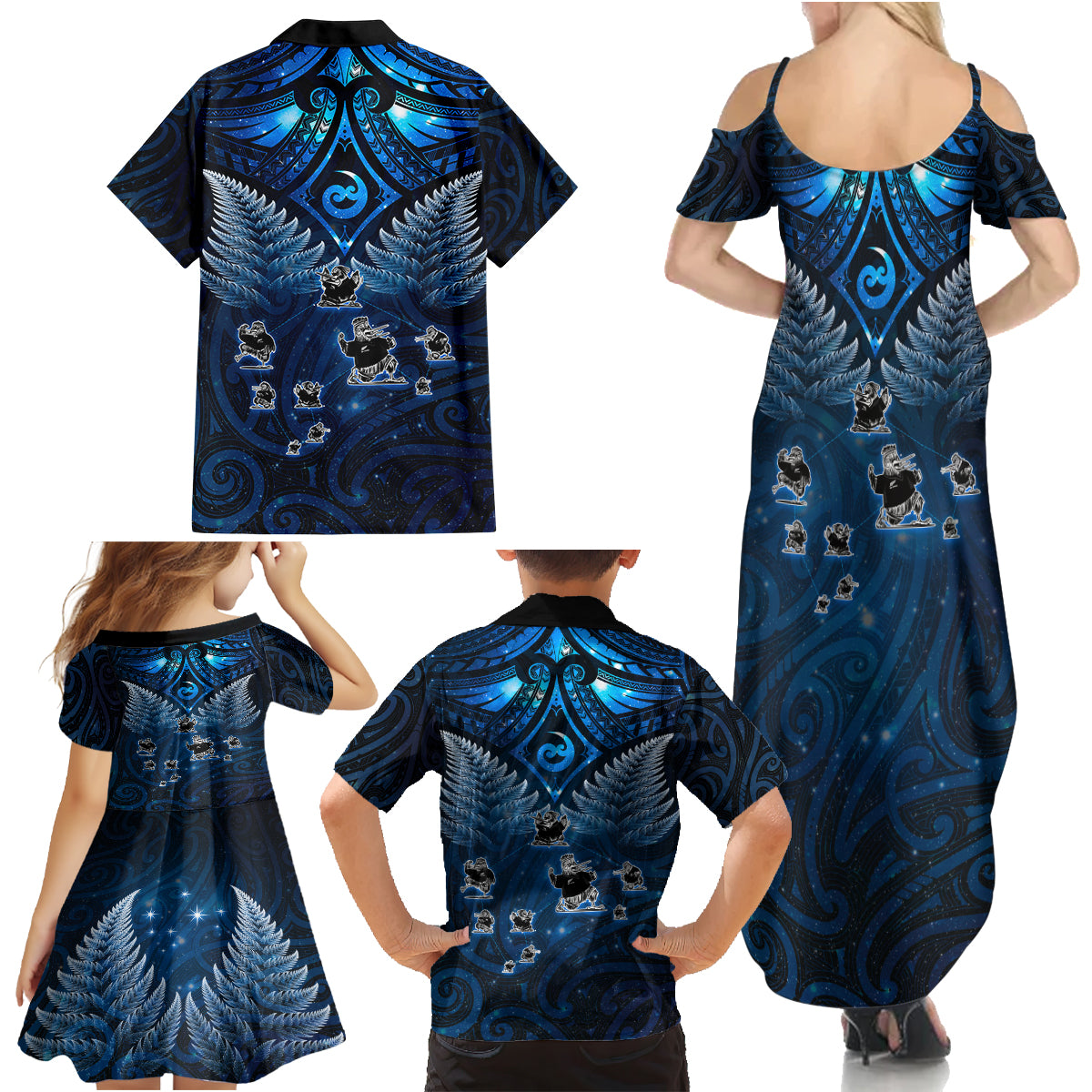 New Zealand Matariki Family Matching Summer Maxi Dress and Hawaiian Shirt Maori Pattern and Kiwi Bird Haka Dance Sky Night LT03 - Polynesian Pride