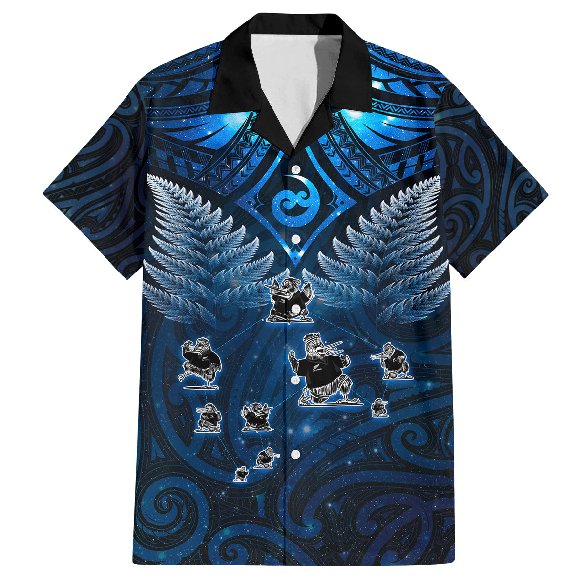 New Zealand Matariki Family Matching Summer Maxi Dress and Hawaiian Shirt Maori Pattern and Kiwi Bird Haka Dance Sky Night LT03 Dad's Shirt - Short Sleeve Blue - Polynesian Pride