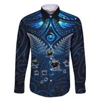 New Zealand Matariki Family Matching Tank Maxi Dress and Hawaiian Shirt Maori Pattern and Kiwi Bird Haka Dance Sky Night LT03 Dad's Shirt - Long Sleeve Blue - Polynesian Pride
