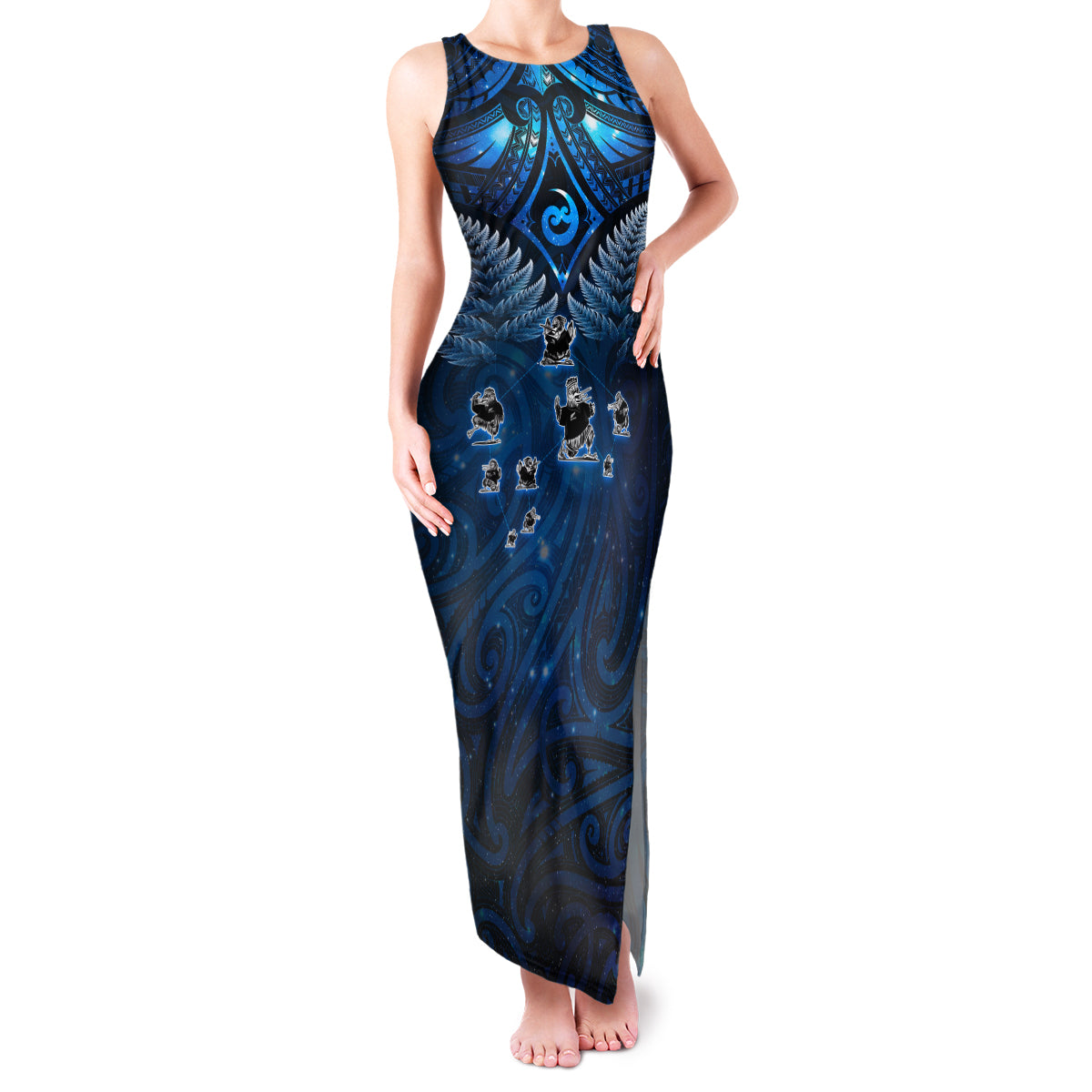 New Zealand Matariki Family Matching Tank Maxi Dress and Hawaiian Shirt Maori Pattern and Kiwi Bird Haka Dance Sky Night LT03 Mom's Dress Blue - Polynesian Pride