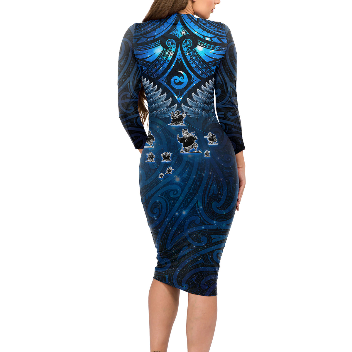 New Zealand Matariki Long Sleeve Bodycon Dress Maori Pattern and Kiwi Bird Haka Dance Sky Night LT03 - Polynesian Pride