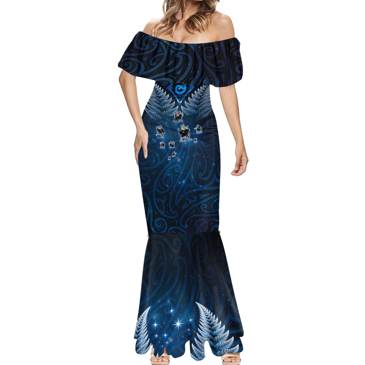 New Zealand Matariki Mermaid Dress Maori Pattern and Kiwi Bird Haka Dance Sky Night LT03 - Polynesian Pride