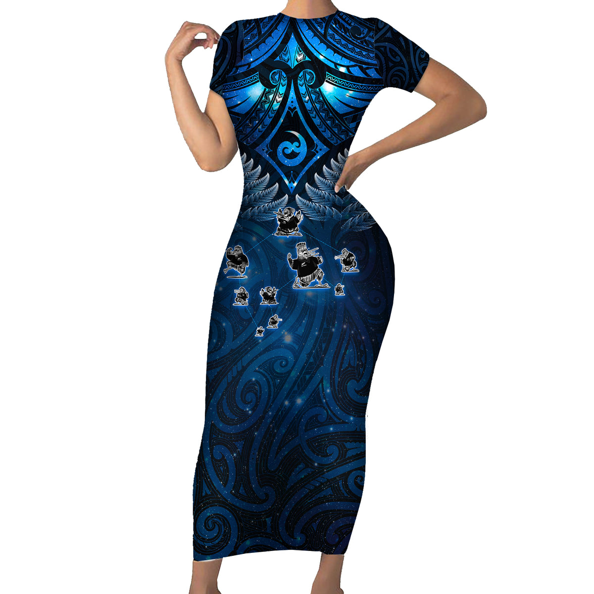 New Zealand Matariki Short Sleeve Bodycon Dress Maori Pattern and Kiwi Bird Haka Dance Sky Night LT03 Long Dress Blue - Polynesian Pride