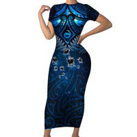 New Zealand Matariki Short Sleeve Bodycon Dress Maori Pattern and Kiwi Bird Haka Dance Sky Night LT03 Long Dress Blue - Polynesian Pride