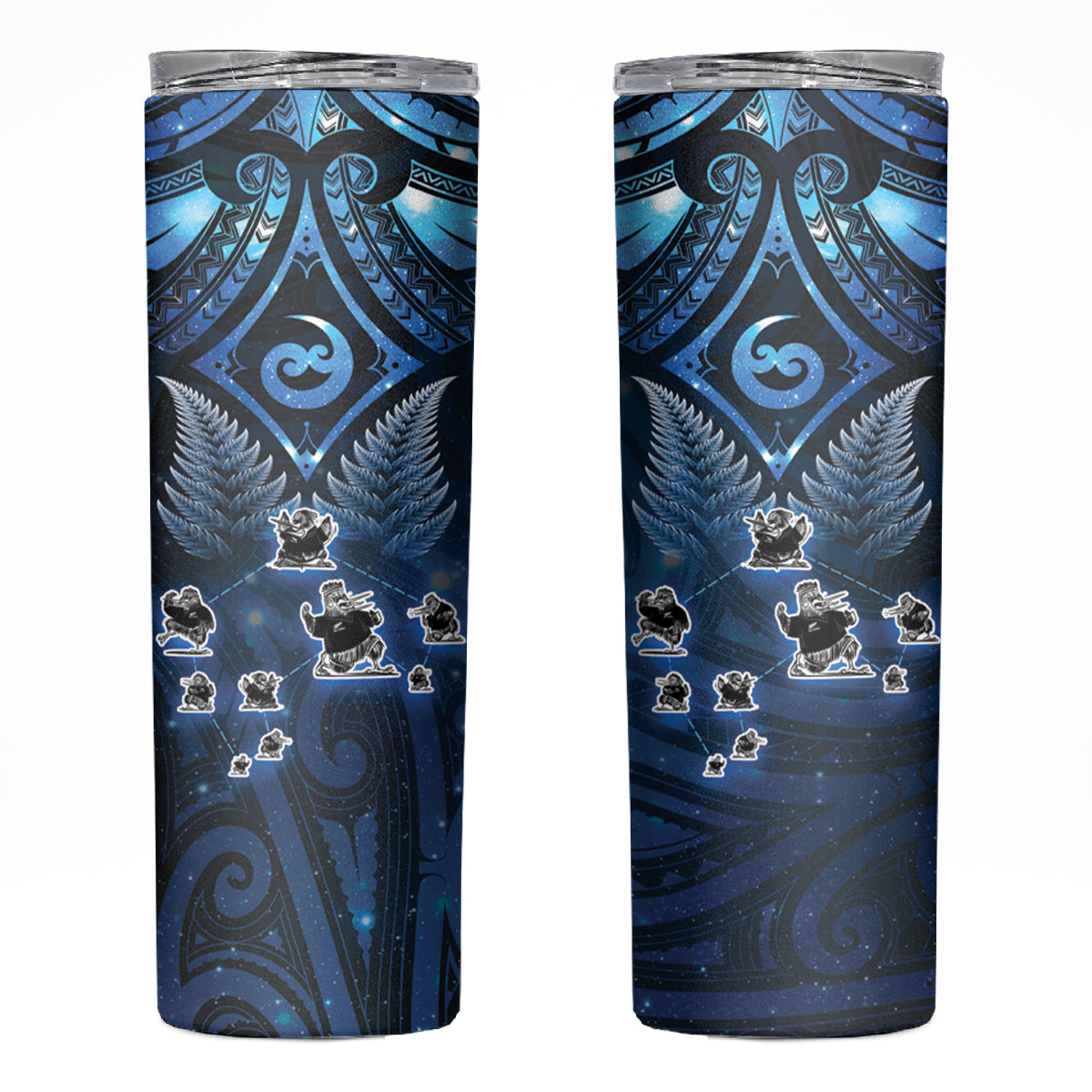 New Zealand Matariki Skinny Tumbler Maori Pattern and Kiwi Bird Haka Dance Sky Night LT03 Blue - Polynesian Pride