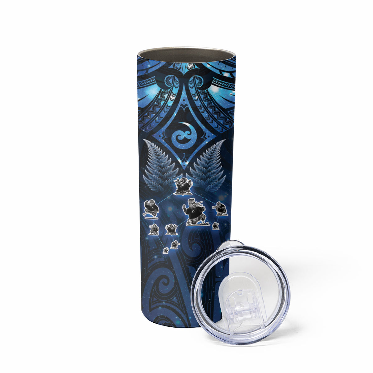 New Zealand Matariki Skinny Tumbler Maori Pattern and Kiwi Bird Haka Dance Sky Night LT03 - Polynesian Pride