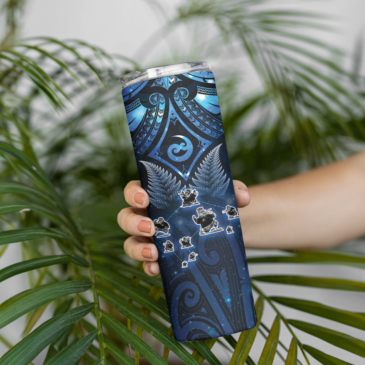 New Zealand Matariki Skinny Tumbler Maori Pattern and Kiwi Bird Haka Dance Sky Night LT03 - Polynesian Pride