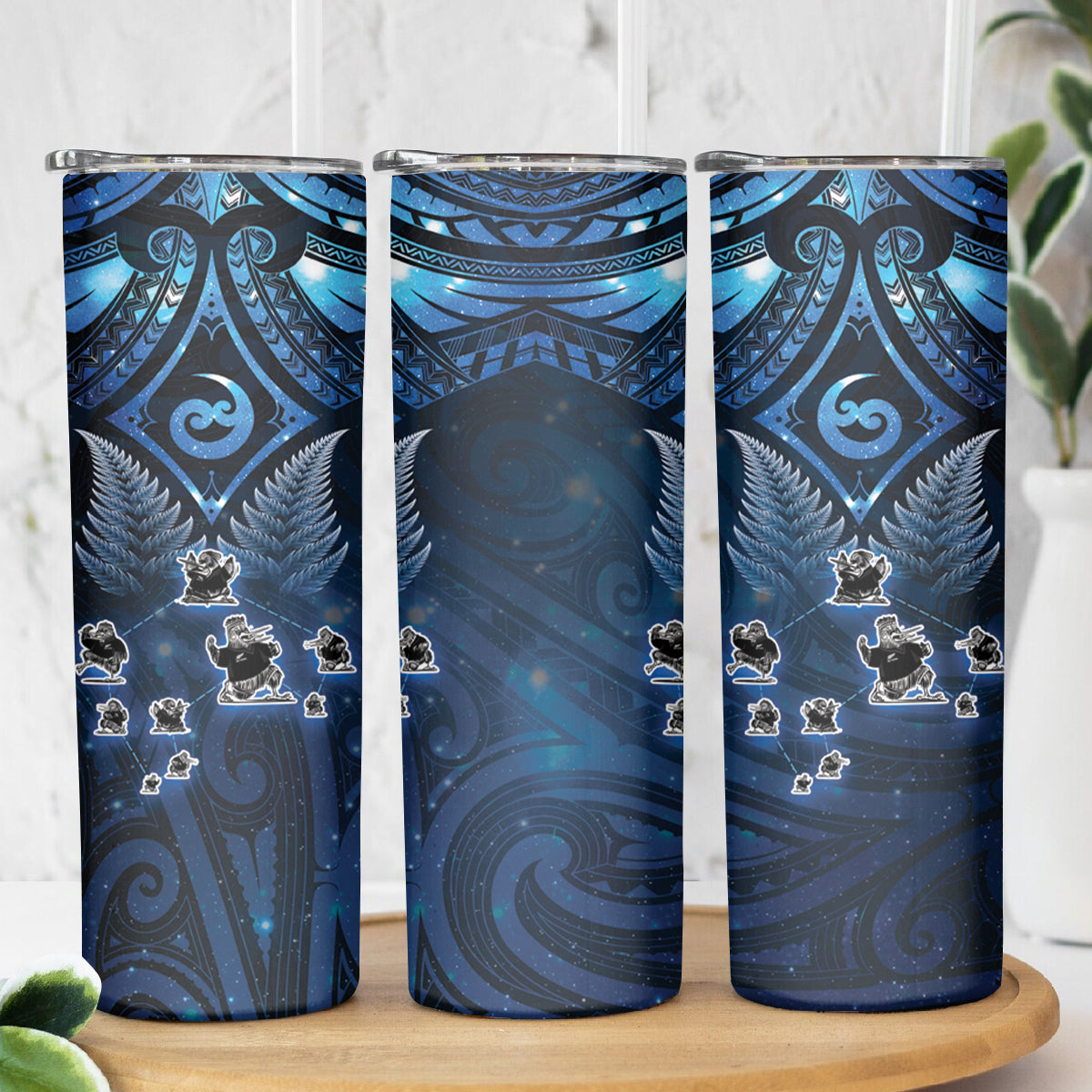 New Zealand Matariki Skinny Tumbler Maori Pattern and Kiwi Bird Haka Dance Sky Night LT03 - Polynesian Pride