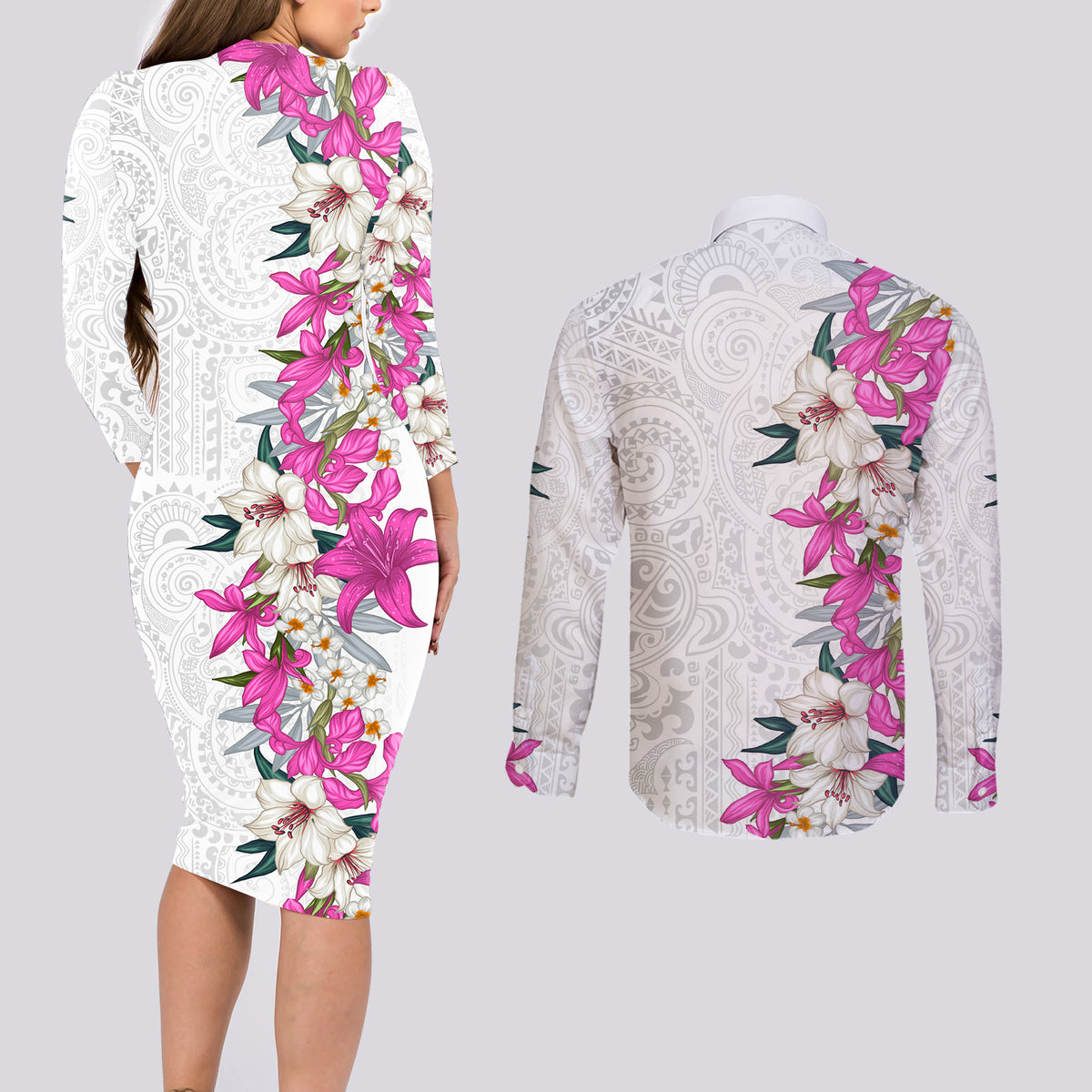 Hawaii Tropical Leaves and Flowers Couples Matching Long Sleeve Bodycon Dress and Long Sleeve Button Shirt Tribal Polynesian Pattern White Style LT03 - Polynesian Pride