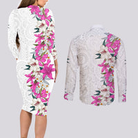 Hawaii Tropical Leaves and Flowers Couples Matching Long Sleeve Bodycon Dress and Long Sleeve Button Shirt Tribal Polynesian Pattern White Style LT03 - Polynesian Pride