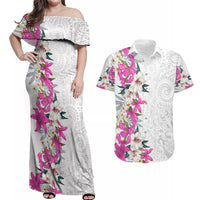 Hawaii Tropical Leaves and Flowers Couples Matching Off Shoulder Maxi Dress and Hawaiian Shirt Tribal Polynesian Pattern White Style LT03 White - Polynesian Pride