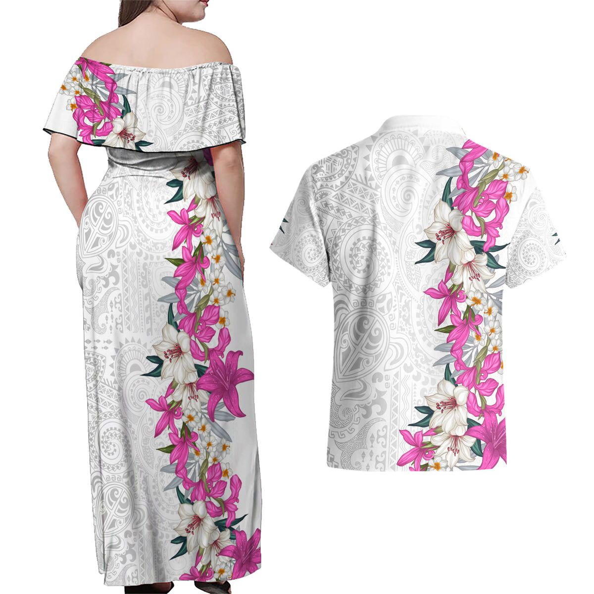 Hawaii Tropical Leaves and Flowers Couples Matching Off Shoulder Maxi Dress and Hawaiian Shirt Tribal Polynesian Pattern White Style LT03 - Polynesian Pride