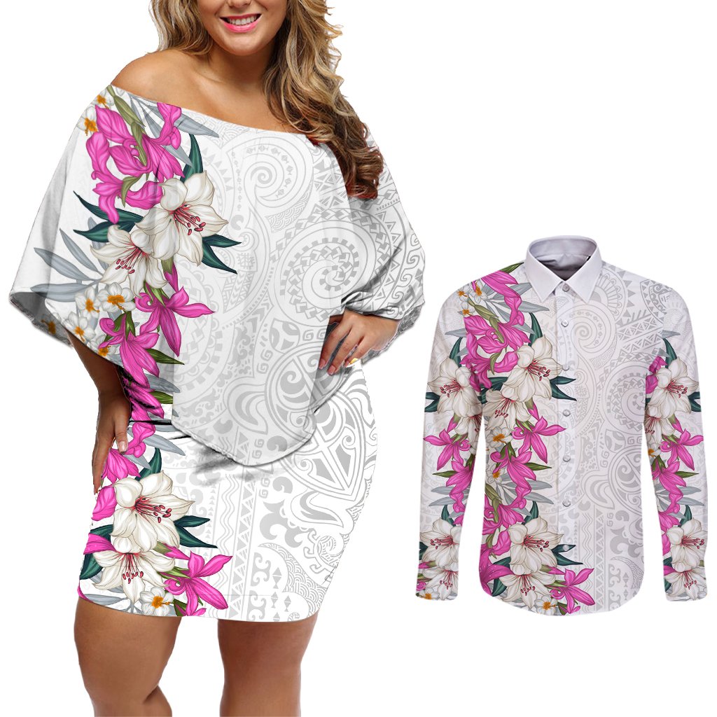 Hawaii Tropical Leaves and Flowers Couples Matching Off Shoulder Short Dress and Long Sleeve Button Shirt Tribal Polynesian Pattern White Style LT03 White - Polynesian Pride