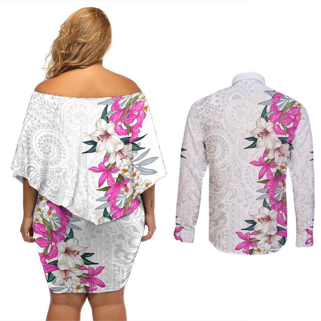 Hawaii Tropical Leaves and Flowers Couples Matching Off Shoulder Short Dress and Long Sleeve Button Shirt Tribal Polynesian Pattern White Style LT03 - Polynesian Pride