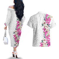 Hawaii Tropical Leaves and Flowers Couples Matching Off The Shoulder Long Sleeve Dress and Hawaiian Shirt Tribal Polynesian Pattern White Style LT03 - Polynesian Pride
