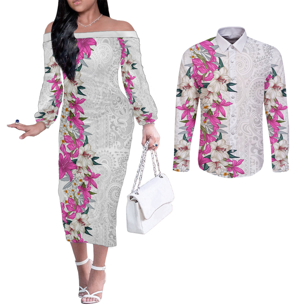 Hawaii Tropical Leaves and Flowers Couples Matching Off The Shoulder Long Sleeve Dress and Long Sleeve Button Shirt Tribal Polynesian Pattern White Style LT03 White - Polynesian Pride