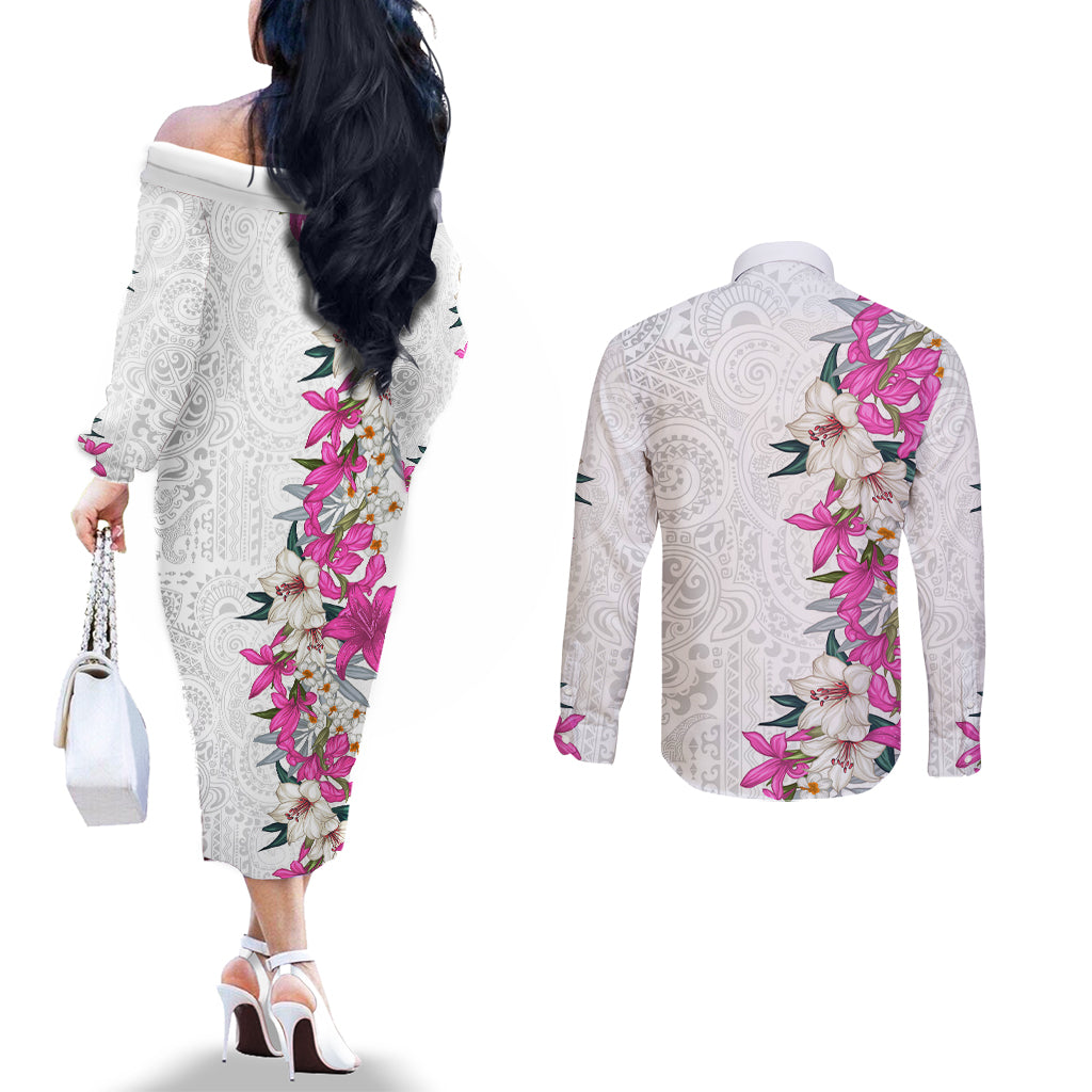 Hawaii Tropical Leaves and Flowers Couples Matching Off The Shoulder Long Sleeve Dress and Long Sleeve Button Shirt Tribal Polynesian Pattern White Style LT03 - Polynesian Pride