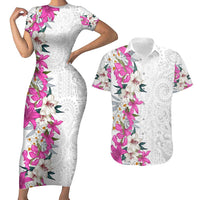 Hawaii Tropical Leaves and Flowers Couples Matching Short Sleeve Bodycon Dress and Hawaiian Shirt Tribal Polynesian Pattern White Style LT03 White - Polynesian Pride