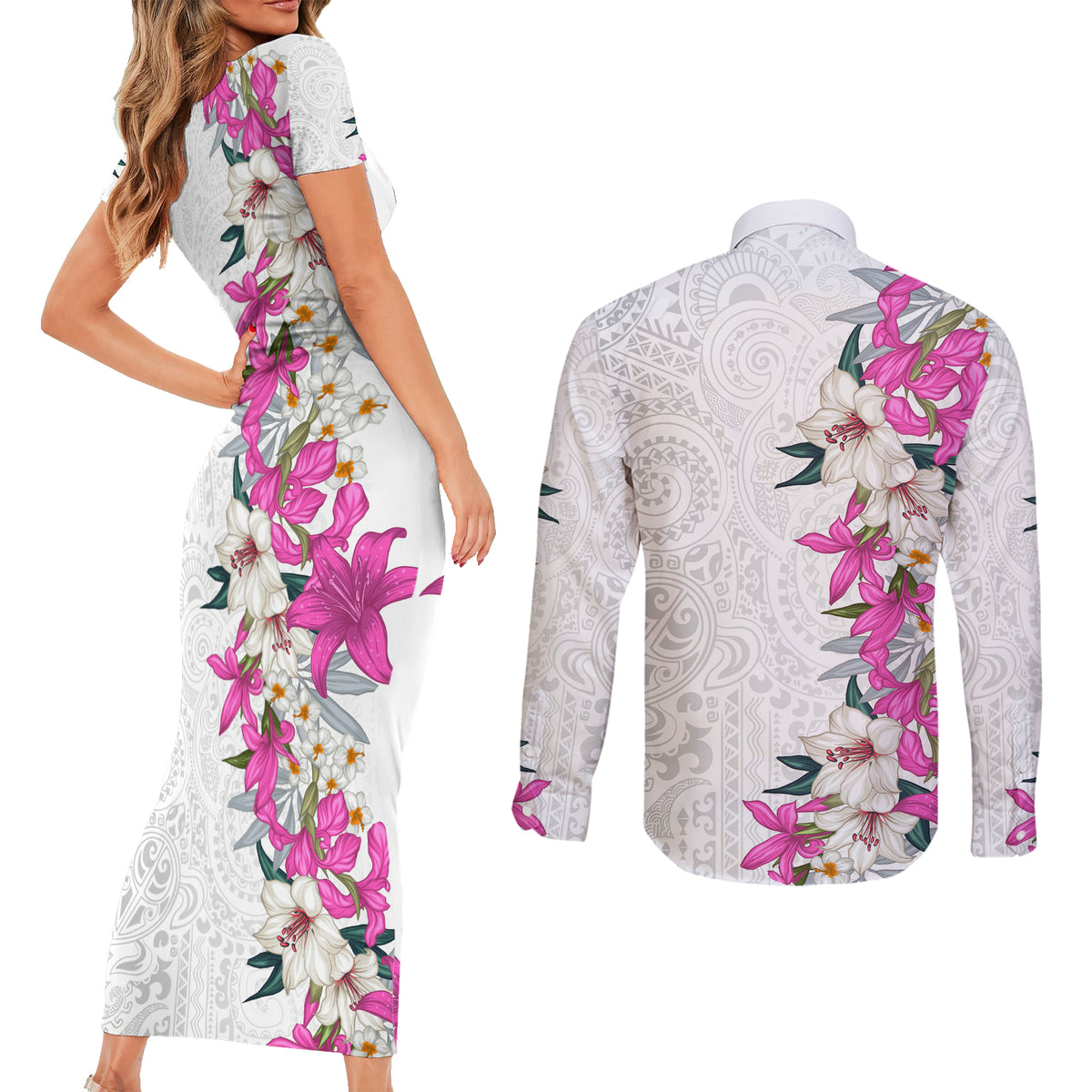 Hawaii Tropical Leaves and Flowers Couples Matching Short Sleeve Bodycon Dress and Long Sleeve Button Shirt Tribal Polynesian Pattern White Style LT03 - Polynesian Pride