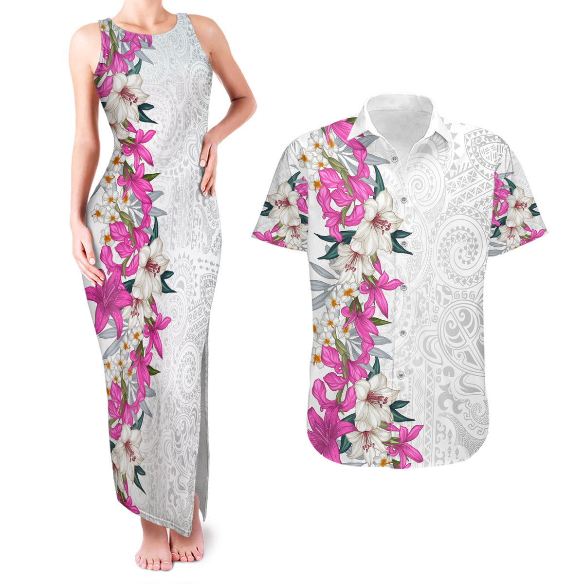 Hawaii Tropical Leaves and Flowers Couples Matching Tank Maxi Dress and Hawaiian Shirt Tribal Polynesian Pattern White Style LT03 White - Polynesian Pride