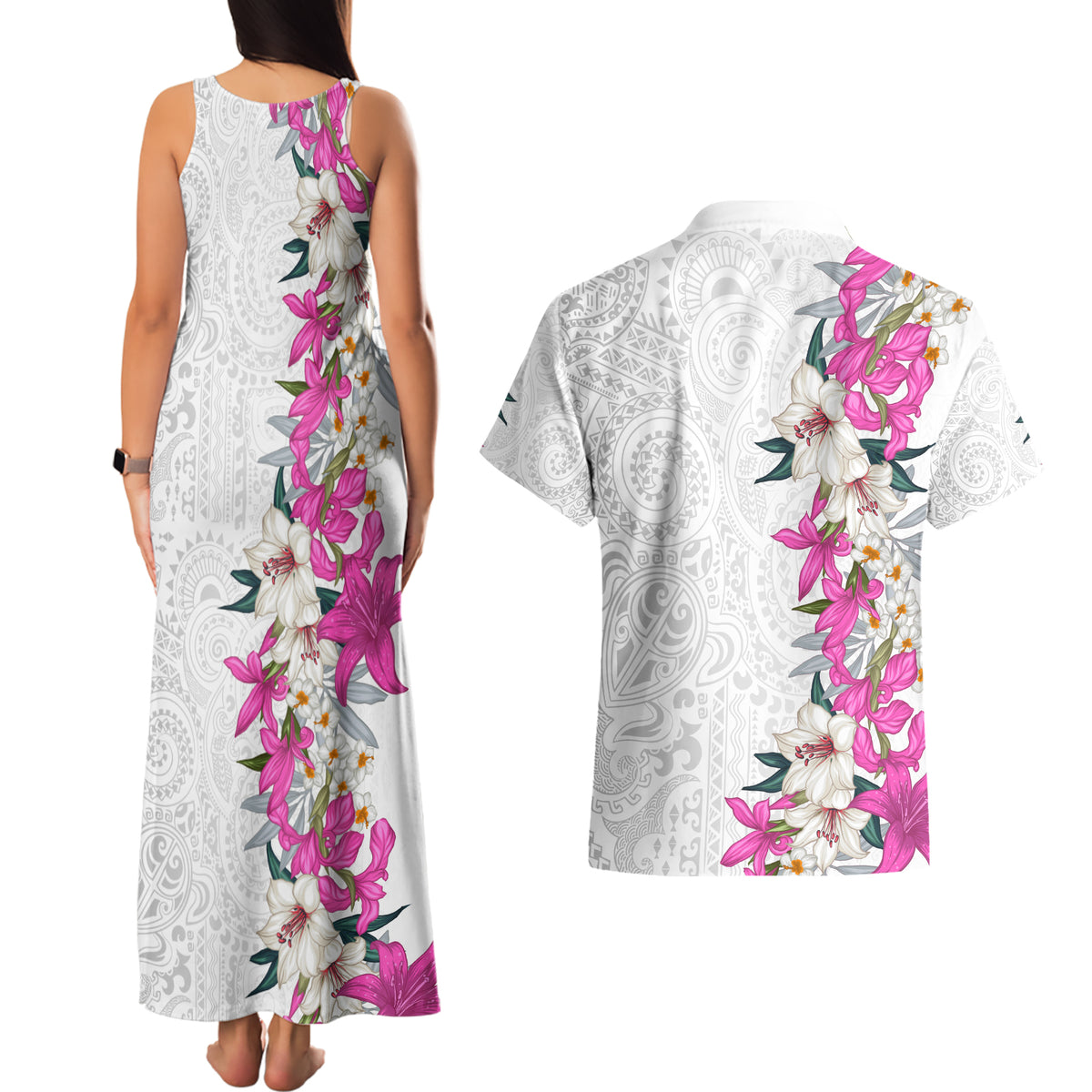 Hawaii Tropical Leaves and Flowers Couples Matching Tank Maxi Dress and Hawaiian Shirt Tribal Polynesian Pattern White Style LT03 - Polynesian Pride