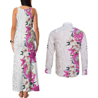 Hawaii Tropical Leaves and Flowers Couples Matching Tank Maxi Dress and Long Sleeve Button Shirt Tribal Polynesian Pattern White Style LT03 - Polynesian Pride