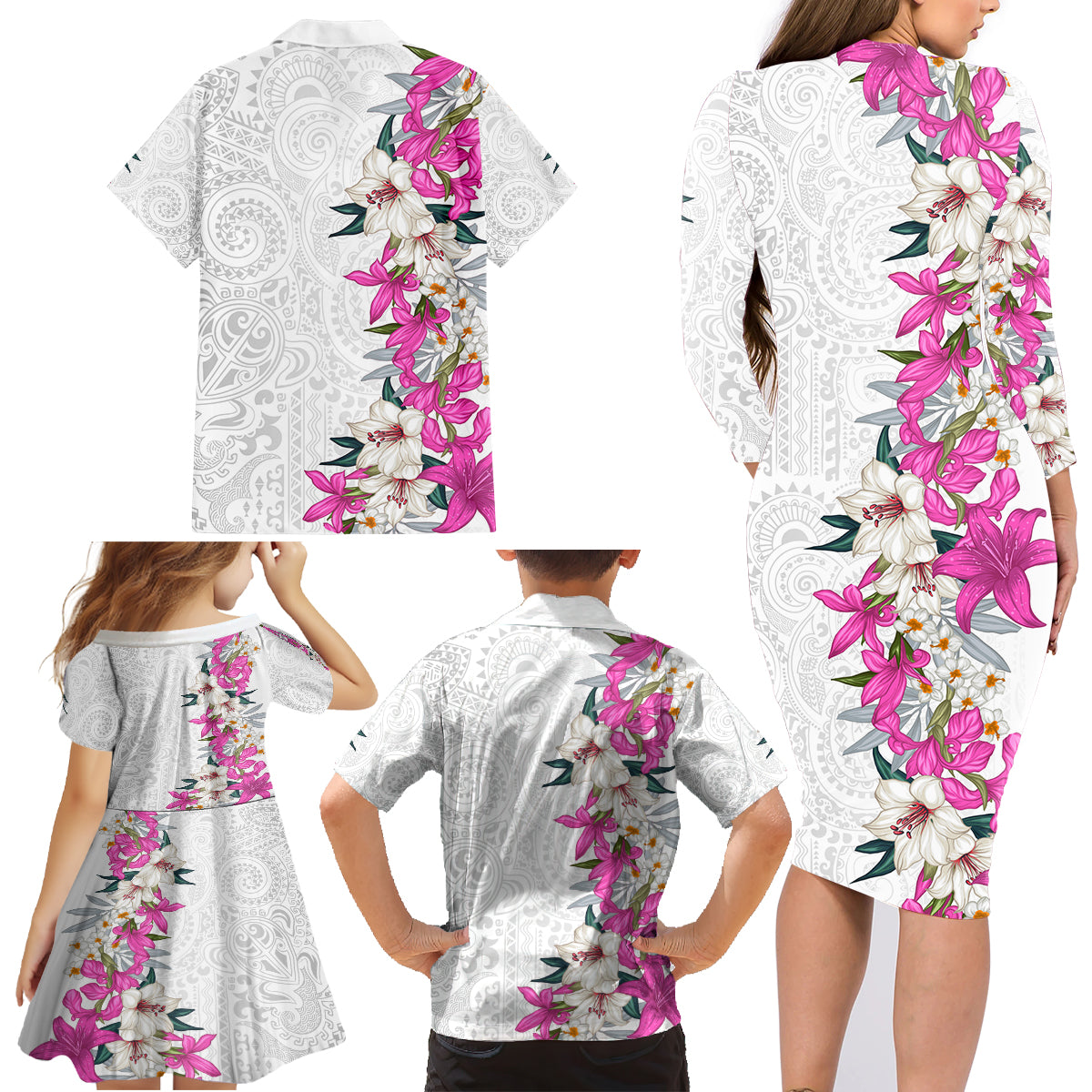 Hawaii Tropical Leaves and Flowers Family Matching Long Sleeve Bodycon Dress and Hawaiian Shirt Tribal Polynesian Pattern White Style LT03 - Polynesian Pride