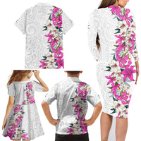Hawaii Tropical Leaves and Flowers Family Matching Long Sleeve Bodycon Dress and Hawaiian Shirt Tribal Polynesian Pattern White Style LT03 - Polynesian Pride