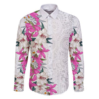 Hawaii Tropical Leaves and Flowers Family Matching Long Sleeve Bodycon Dress and Hawaiian Shirt Tribal Polynesian Pattern White Style LT03 Dad's Shirt - Long Sleeve White - Polynesian Pride