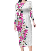 Hawaii Tropical Leaves and Flowers Family Matching Long Sleeve Bodycon Dress and Hawaiian Shirt Tribal Polynesian Pattern White Style LT03 Mom's Dress White - Polynesian Pride