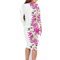 Hawaii Tropical Leaves and Flowers Family Matching Long Sleeve Bodycon Dress and Hawaiian Shirt Tribal Polynesian Pattern White Style LT03 - Polynesian Pride