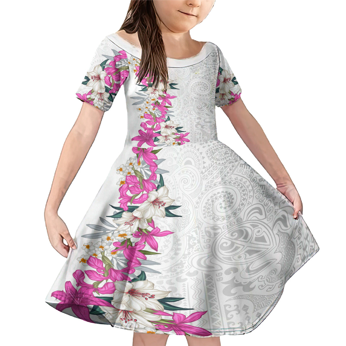 Hawaii Tropical Leaves and Flowers Family Matching Mermaid Dress and Hawaiian Shirt Tribal Polynesian Pattern White Style LT03 Daughter's Dress White - Polynesian Pride