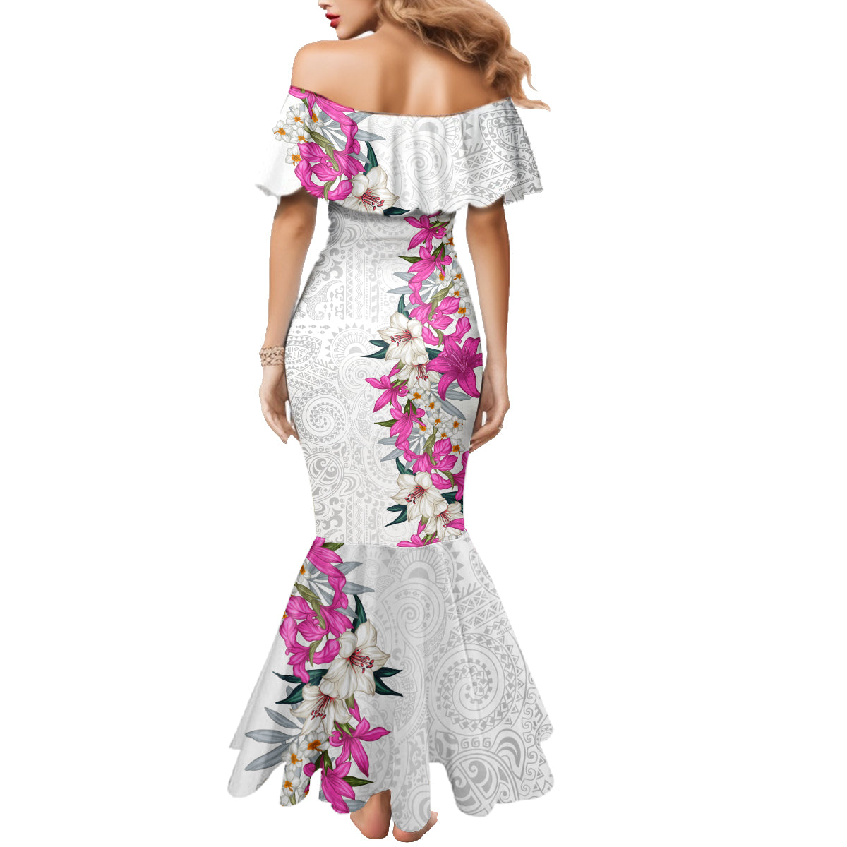 Hawaii Tropical Leaves and Flowers Family Matching Mermaid Dress and Hawaiian Shirt Tribal Polynesian Pattern White Style LT03 - Polynesian Pride