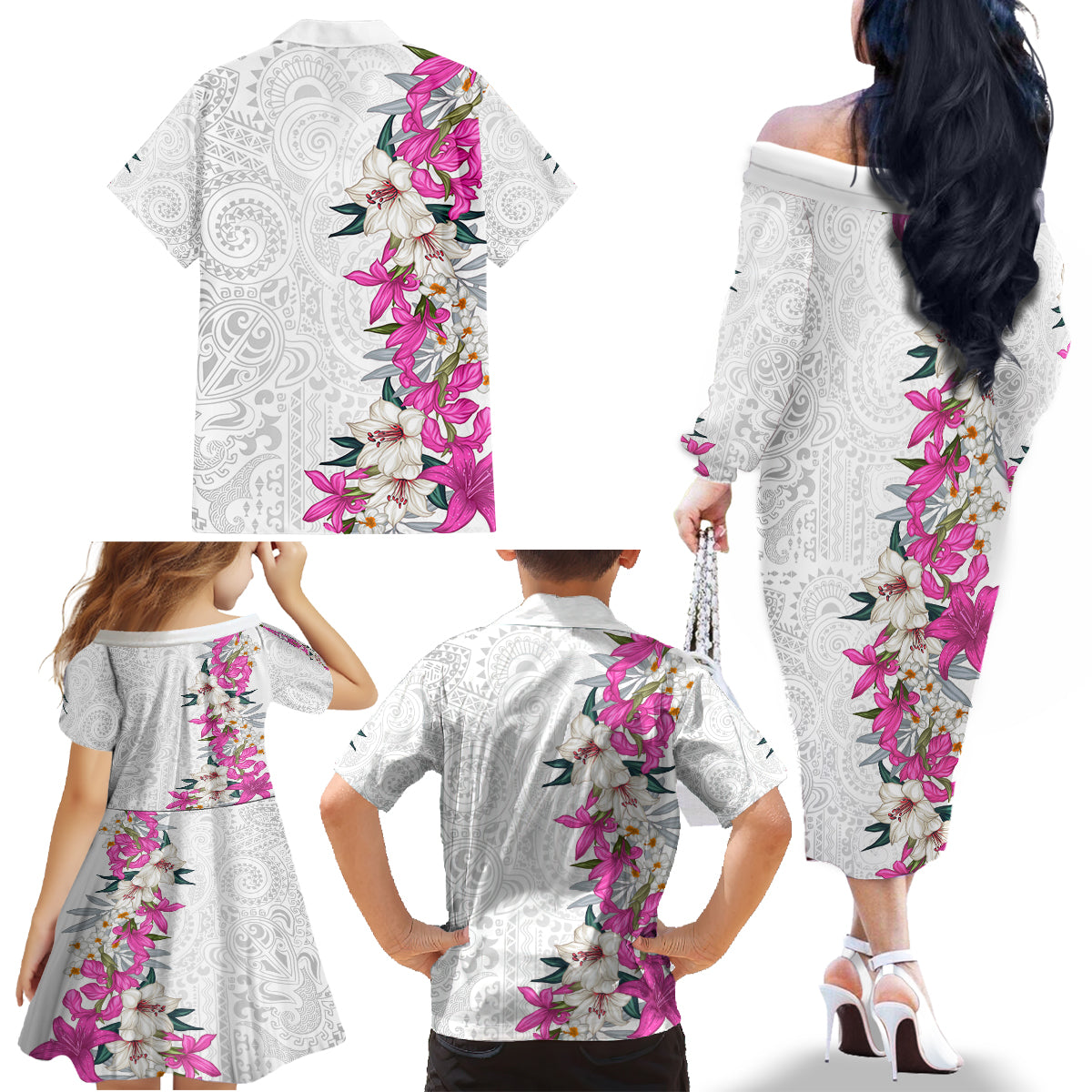 Hawaii Tropical Leaves and Flowers Family Matching Off The Shoulder Long Sleeve Dress and Hawaiian Shirt Tribal Polynesian Pattern White Style LT03 - Polynesian Pride
