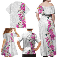 Hawaii Tropical Leaves and Flowers Family Matching Off Shoulder Maxi Dress and Hawaiian Shirt Tribal Polynesian Pattern White Style LT03 - Polynesian Pride