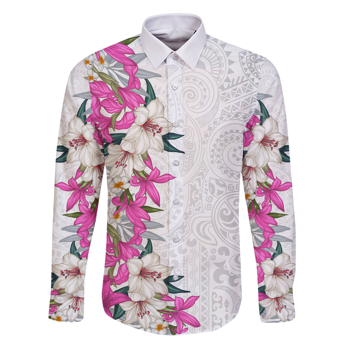 Hawaii Tropical Leaves and Flowers Family Matching Off Shoulder Maxi Dress and Hawaiian Shirt Tribal Polynesian Pattern White Style LT03 Dad's Shirt - Long Sleeve White - Polynesian Pride