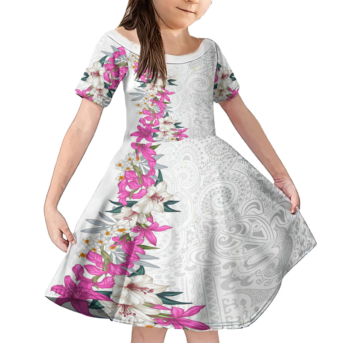 Hawaii Tropical Leaves and Flowers Family Matching Off Shoulder Short Dress and Hawaiian Shirt Tribal Polynesian Pattern White Style LT03 Daughter's Dress White - Polynesian Pride