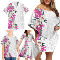 Hawaii Tropical Leaves and Flowers Family Matching Off Shoulder Short Dress and Hawaiian Shirt Tribal Polynesian Pattern White Style LT03 - Polynesian Pride