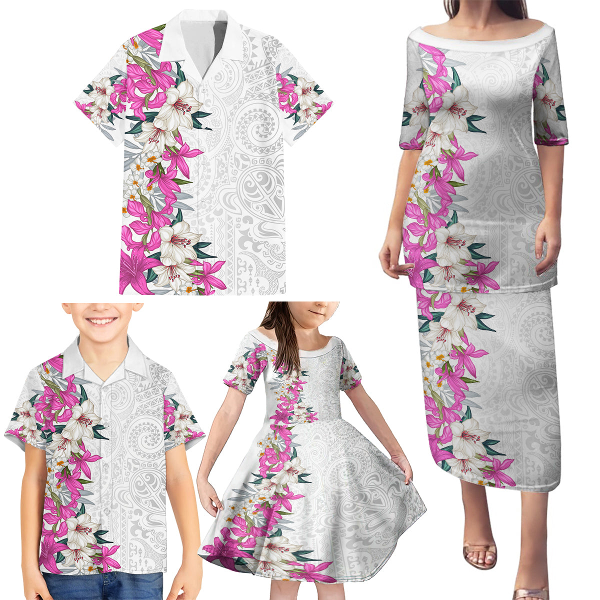 Hawaii Tropical Leaves and Flowers Family Matching Puletasi and Hawaiian Shirt Tribal Polynesian Pattern White Style LT03 - Polynesian Pride