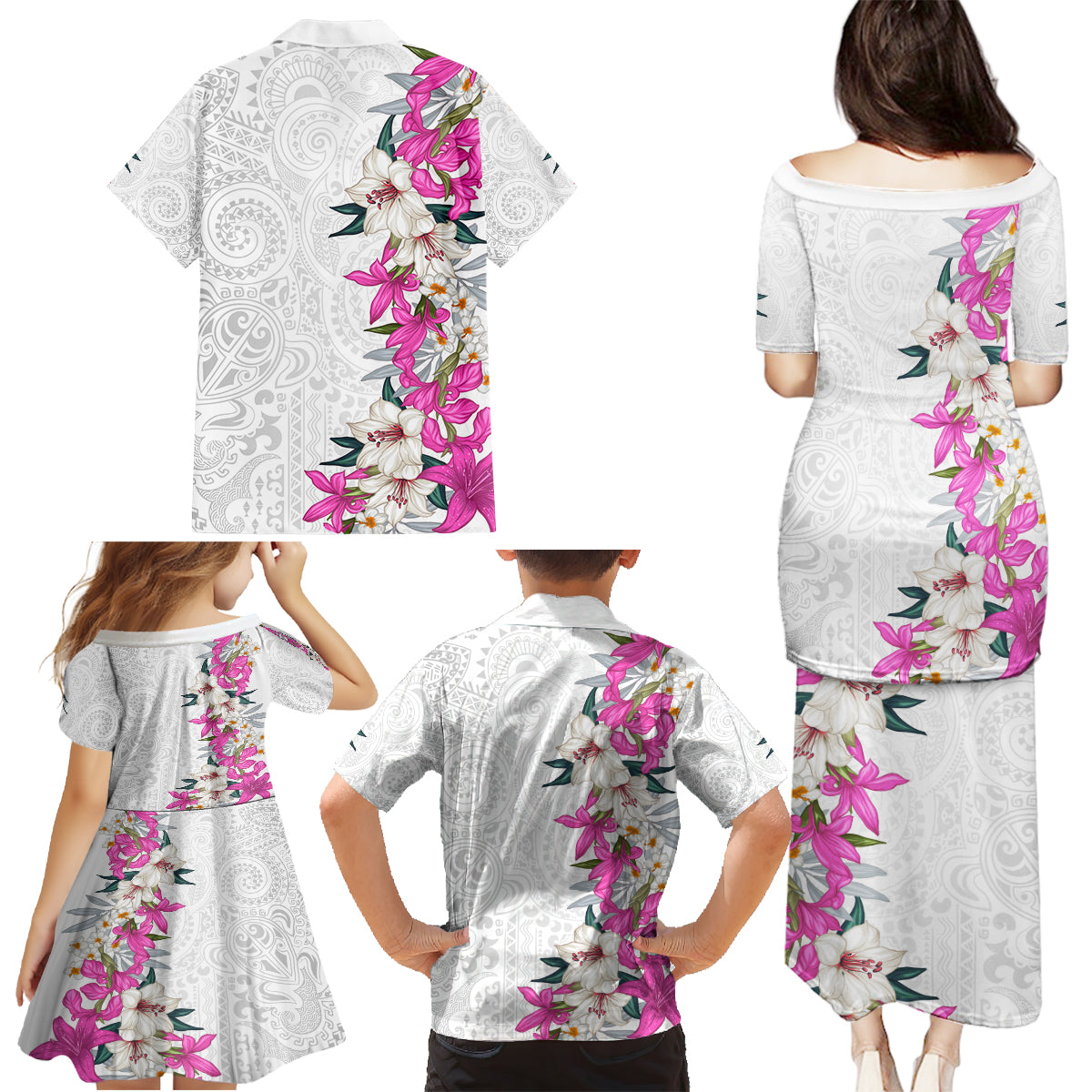 Hawaii Tropical Leaves and Flowers Family Matching Puletasi and Hawaiian Shirt Tribal Polynesian Pattern White Style LT03 - Polynesian Pride