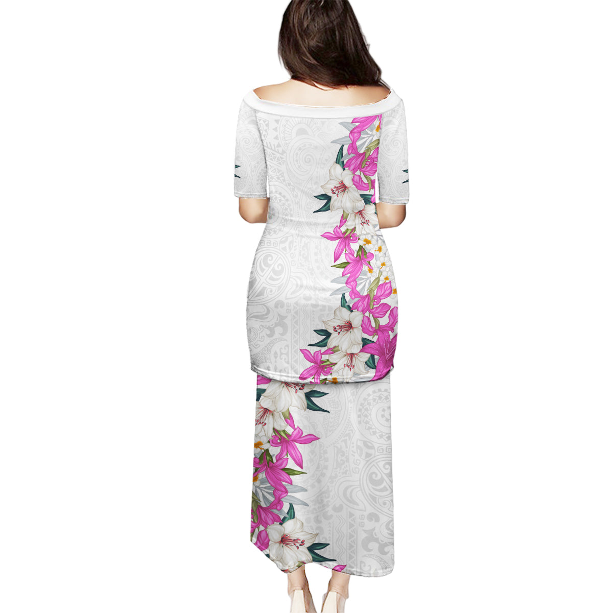 Hawaii Tropical Leaves and Flowers Family Matching Puletasi and Hawaiian Shirt Tribal Polynesian Pattern White Style LT03 - Polynesian Pride