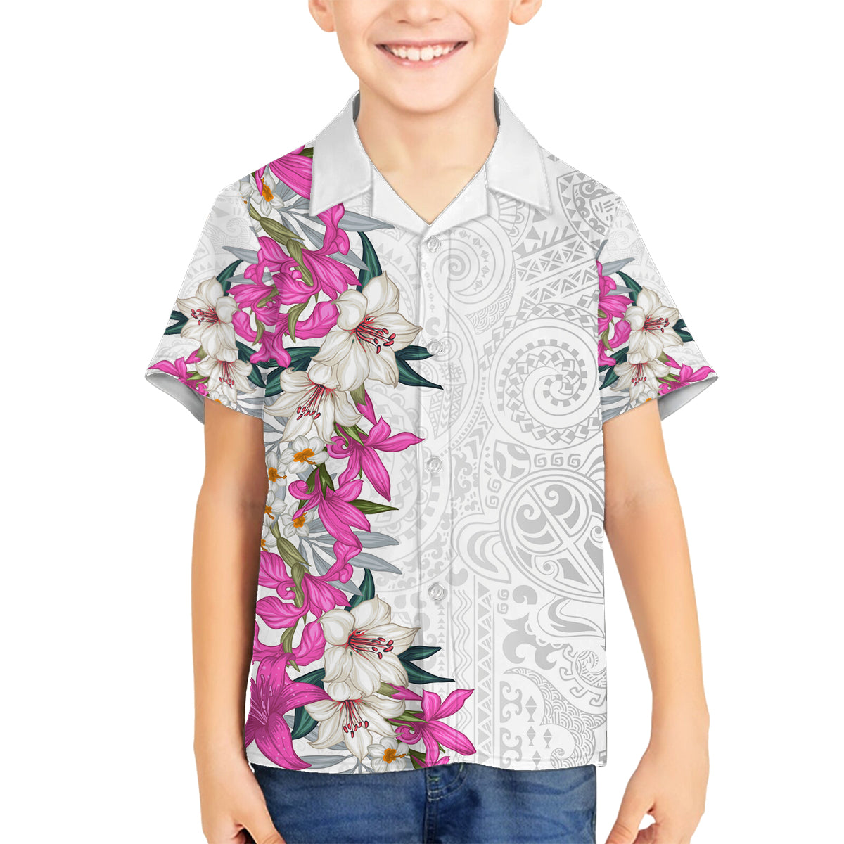 Hawaii Tropical Leaves and Flowers Family Matching Puletasi and Hawaiian Shirt Tribal Polynesian Pattern White Style LT03 Son's Shirt White - Polynesian Pride