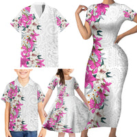 Hawaii Tropical Leaves and Flowers Family Matching Short Sleeve Bodycon Dress and Hawaiian Shirt Tribal Polynesian Pattern White Style LT03 - Polynesian Pride