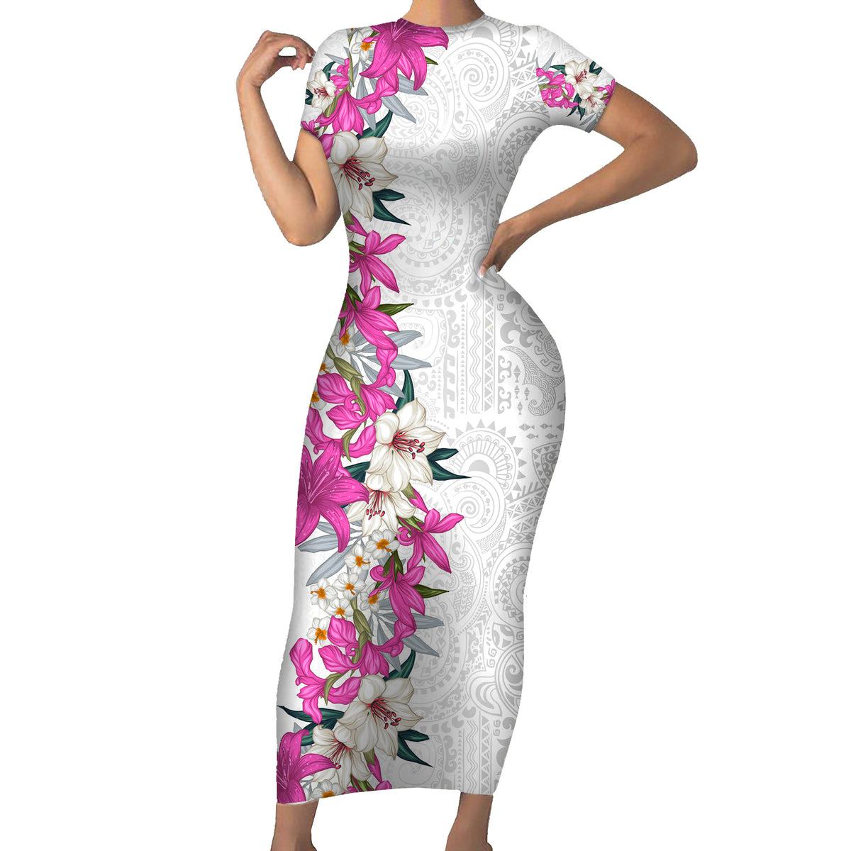 Hawaii Tropical Leaves and Flowers Family Matching Short Sleeve Bodycon Dress and Hawaiian Shirt Tribal Polynesian Pattern White Style LT03 Mom's Dress White - Polynesian Pride