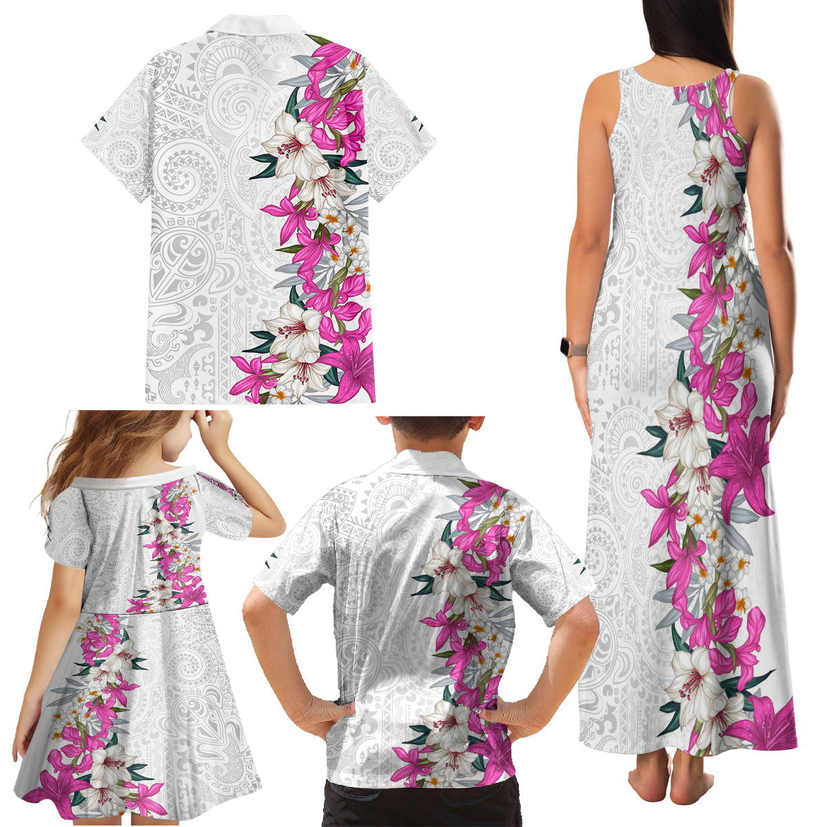 Hawaii Tropical Leaves and Flowers Family Matching Tank Maxi Dress and Hawaiian Shirt Tribal Polynesian Pattern White Style LT03 - Polynesian Pride