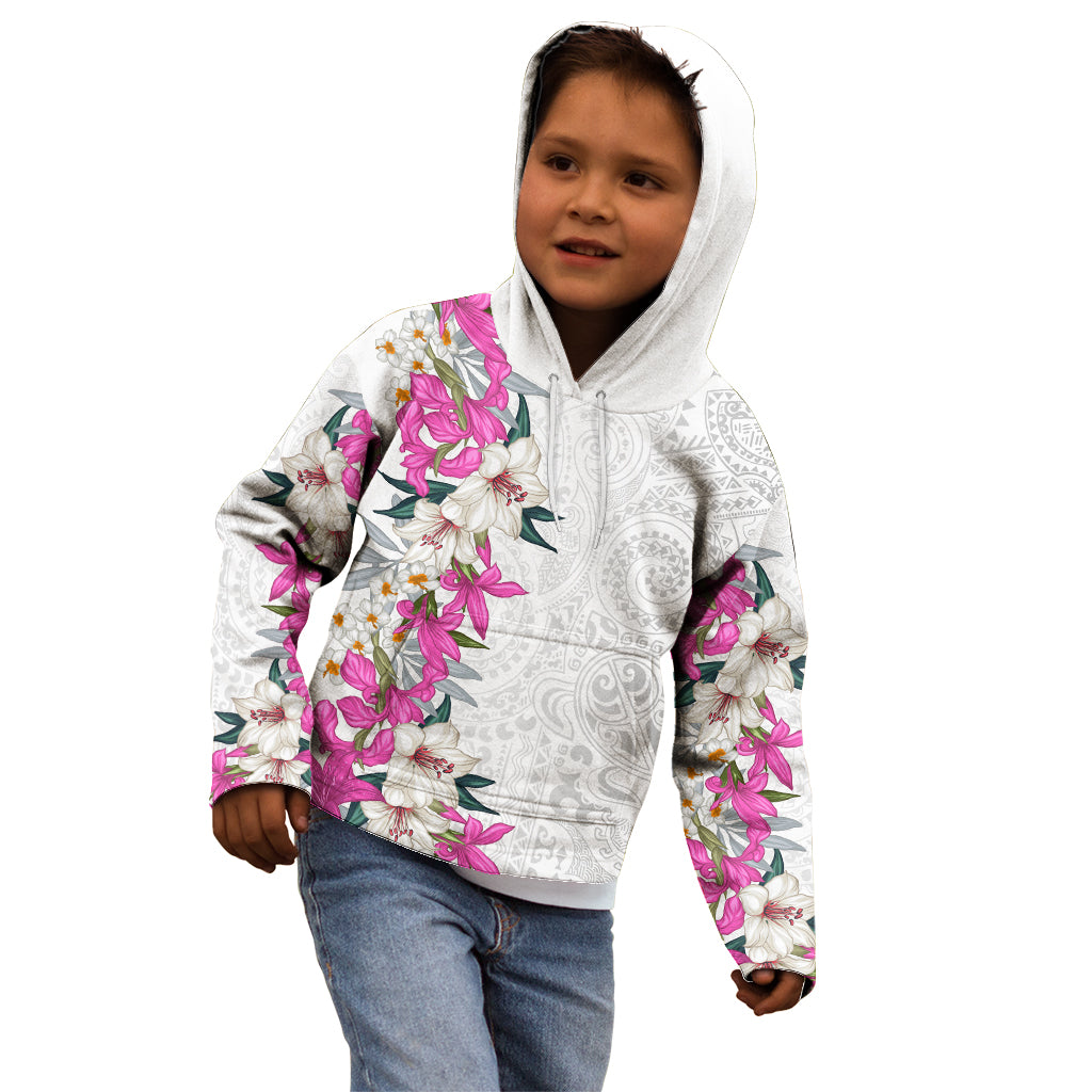 Hawaii Tropical Leaves and Flowers Kid Hoodie Tribal Polynesian Pattern White Style